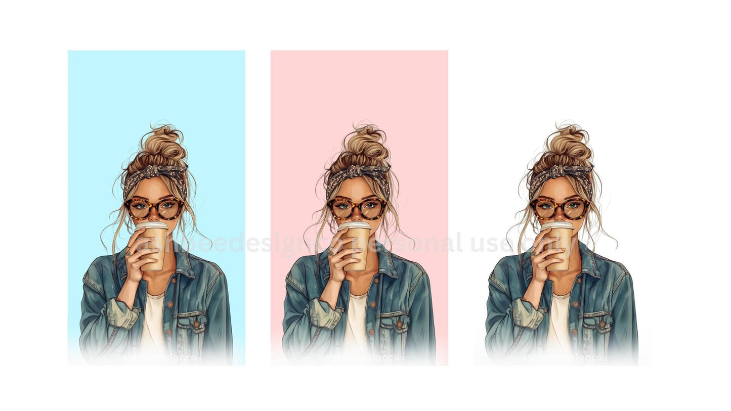 Denim & Latte Girl Phone Wallpaper |Cozy Fall Aesthetic |Blue, Pink, and White Background- Digital Download