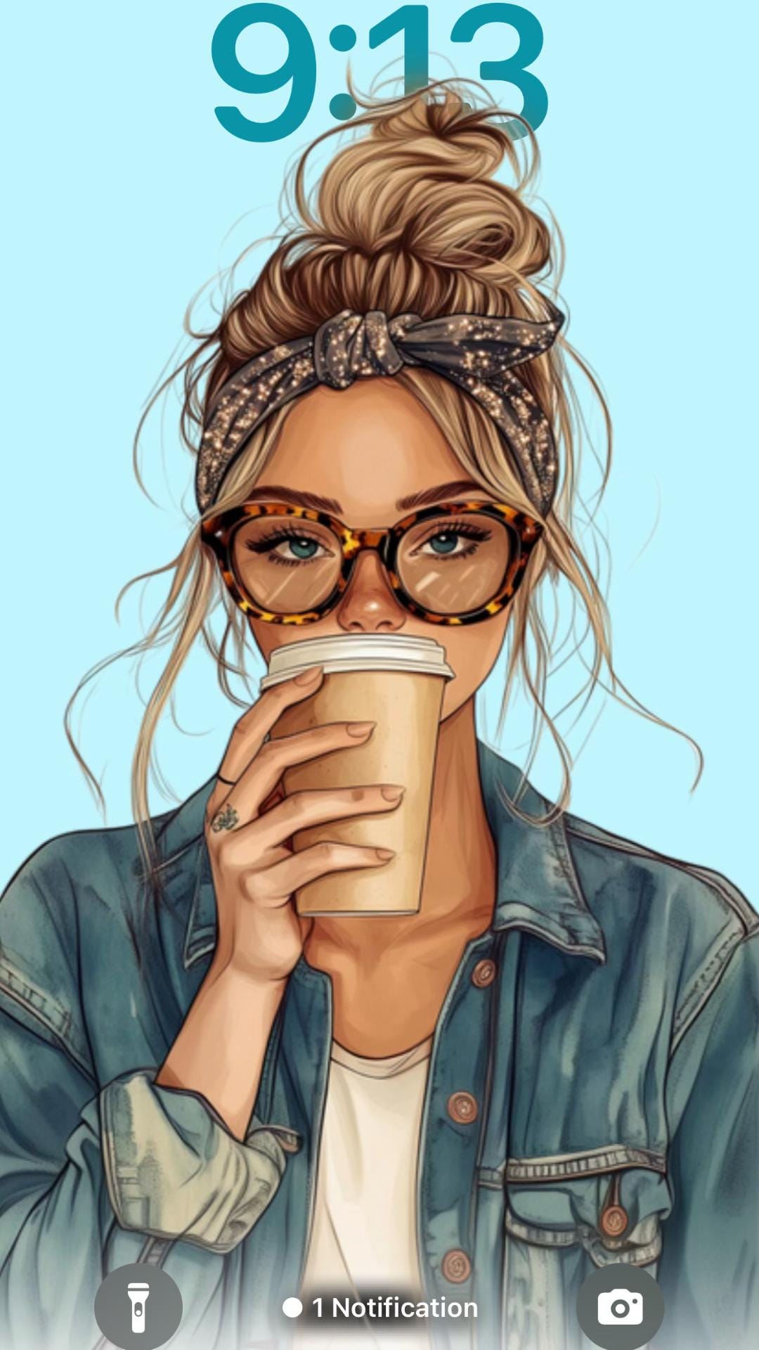 Denim & Latte Girl Phone Wallpaper |Cozy Fall Aesthetic |Blue, Pink, and White Background- Digital Download