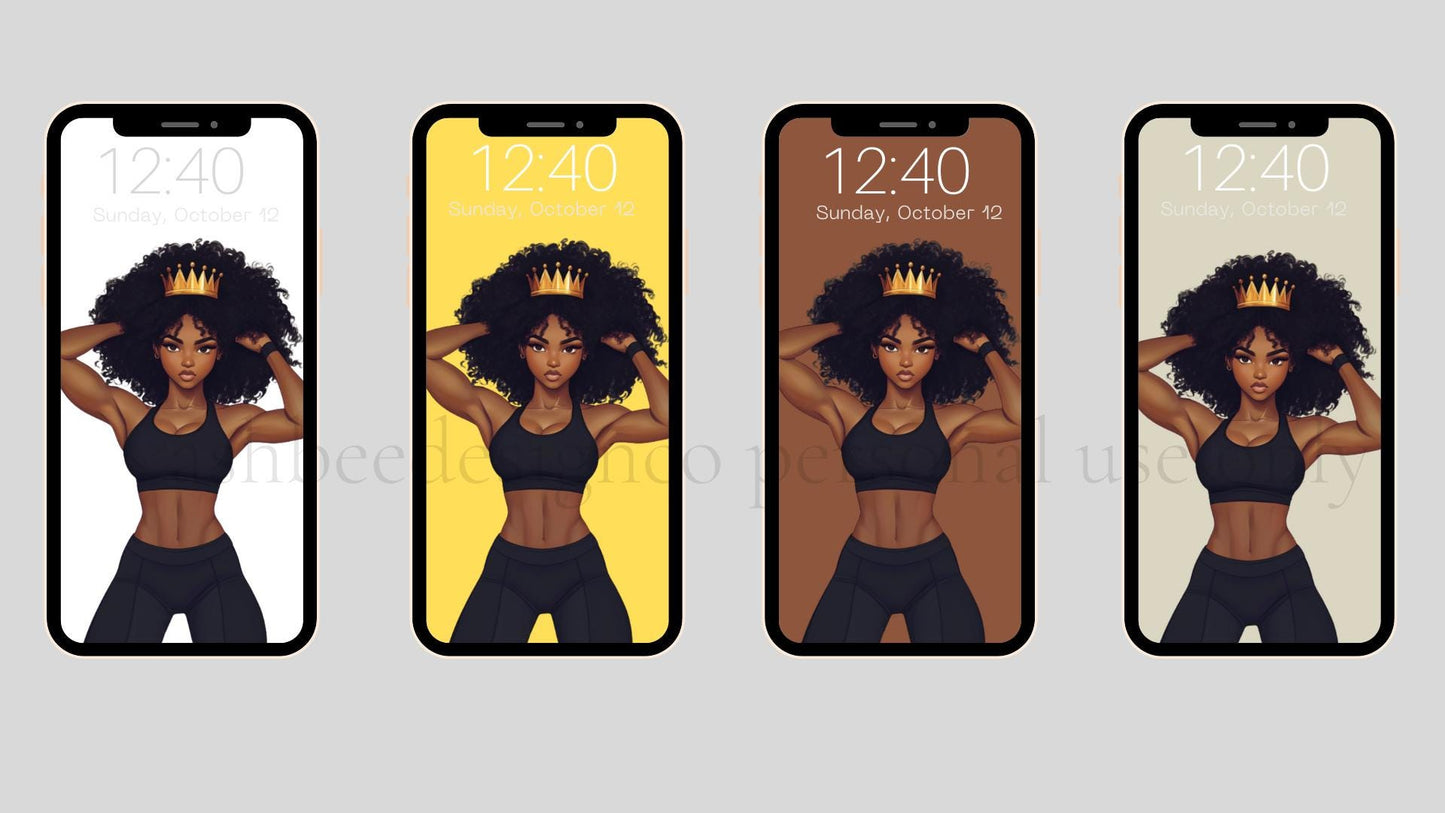 Black Girl Fitness Queen Phone Wallpaper: Afro Gym Art (Digital Download