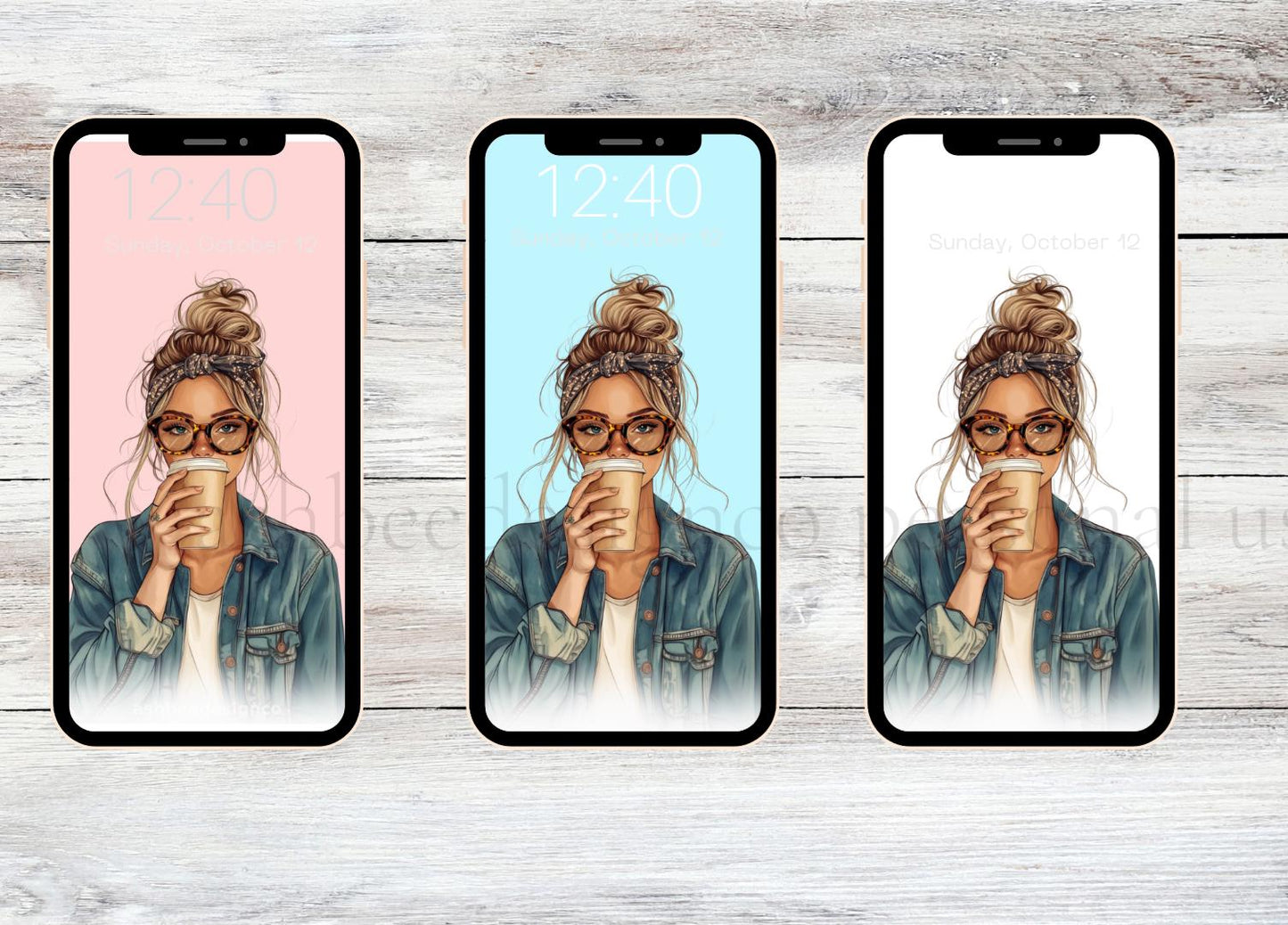 Denim & Latte Girl Phone Wallpaper |Cozy Fall Aesthetic |Blue, Pink, and White Background- Digital Download