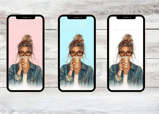 Denim & Latte Girl Phone Wallpaper |Cozy Fall Aesthetic |Blue, Pink, and White Background- Digital Download