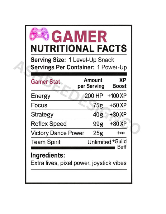 Pink GAMER Nutritional Fact Label  | Chip Bag| Party Label